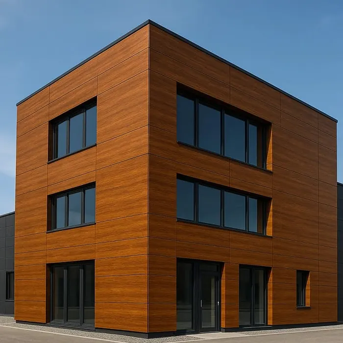 Timber-effect ACP cladding wrapping a corner building