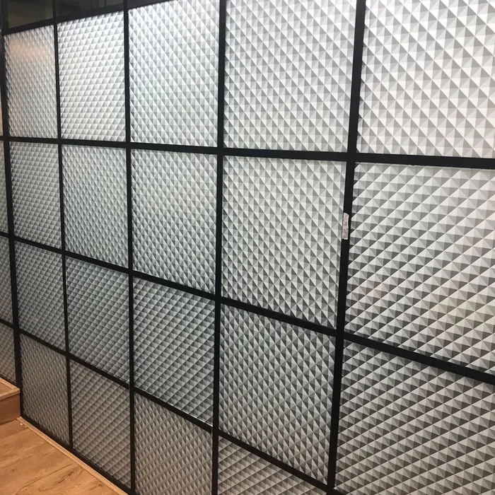 Textured glass panels set in a black grid partition