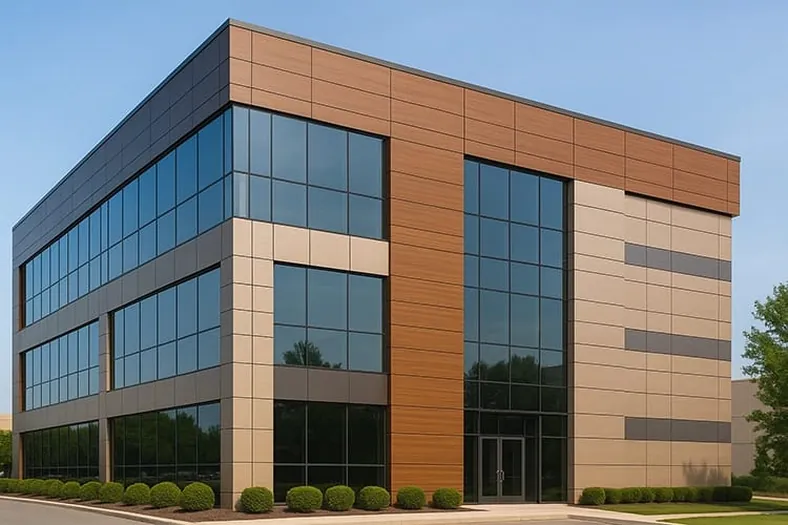 Office block clad in timber-finish aluminium composite panels